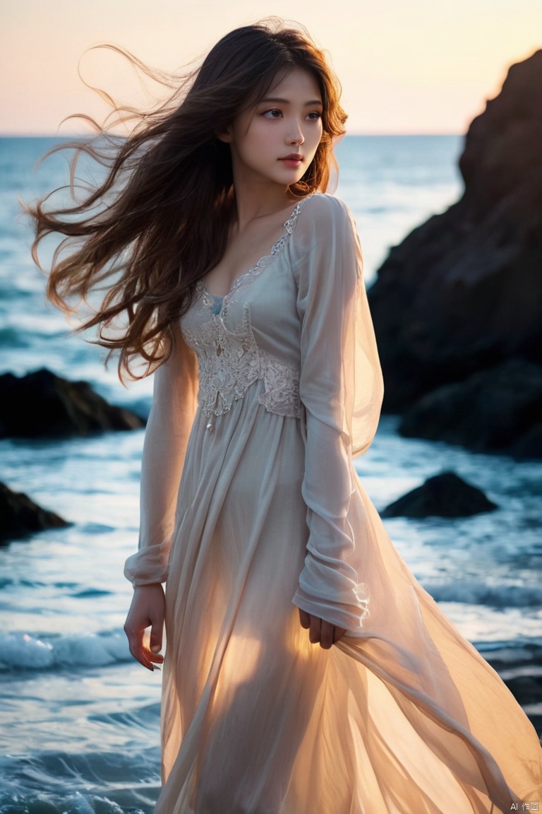 1girl,kawaii,detailed face,looking at viewer,focused,intricate,elegant,highly detailed,dynamic lighting BREAK long hair flows gracefully in the gentle sea breeze,the fading sunlight casts a warm, ethereal glow on the scene. She is wearing a flowing, light-colored dress that ripples in the wind. The waves gently kiss the shore in the background, and there's a sense of tranquility in the air. The overall atmosphere should evoke a feeling of serenity and beauty, (High detail, photograph, realistic), (best quality, masterpiece, Representative work, official art, Professional, 8k:1.3)