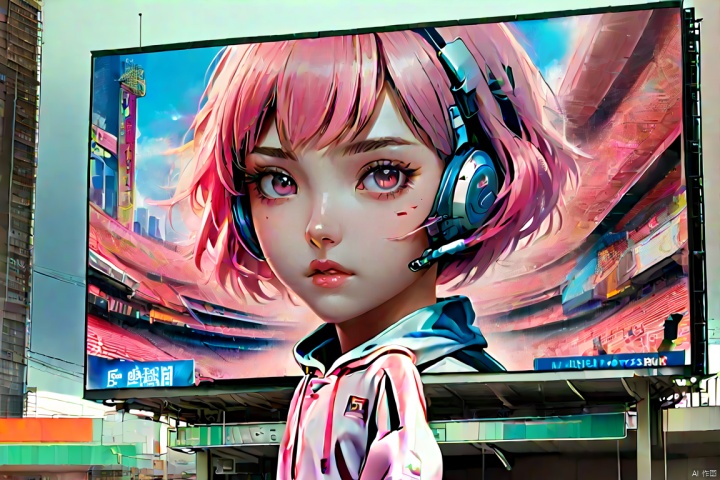 a girl painted on screen of Baseball Stadium, mecha girl, Pink parted short hair, pink eyes, full-body pose, ad billboard, tv screen, panoramic, Ultra high saturation, bright and vivid colors, intricate, (best quality, masterpiece, Representative work, official art, Professional, 8k)