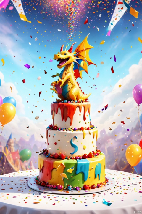 a Cute dragon, unique birthday party, fun games and performances, exquisite birthday cake, colorful confetti falling from the sky, unexpected surprises, panoramic view, Ultra high saturation, (best quality, masterpiece, Representative work, official art, Professional, 8k)
