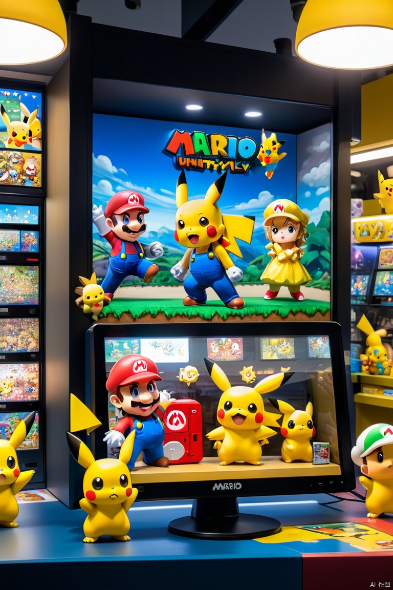 toy store window display, Game screen displayed on monitor, game machine, handheld game machine, chibi figures, Mario, Pikachu, (best quality, masterpiece, Representative work, official art, Professional, unity 8k wallpaper:1.3)