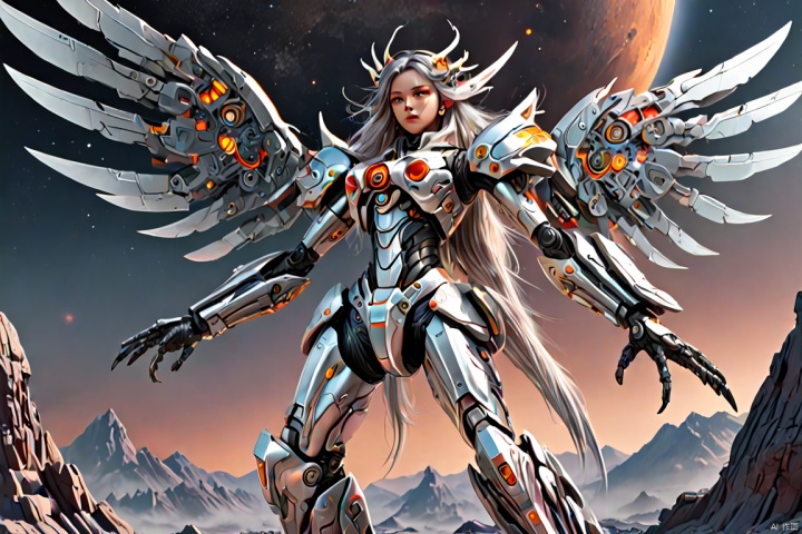 a girl body painted on Moon Base, mecha girl, (silver long hair), mechanical wings, full-body pose, panoramic, Ultra high saturation, bright and vivid colors, intricate, (best quality, masterpiece, Representative work, official art, Professional, 8k)