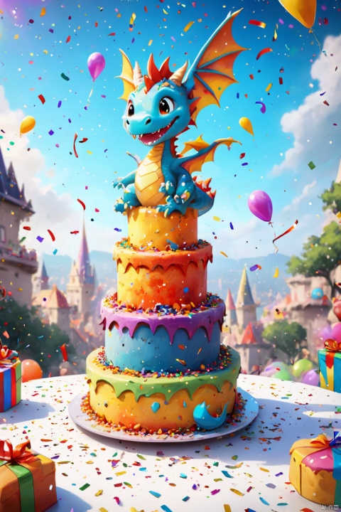 a Cute dragon, unique birthday party, fun games and performances, exquisite birthday cake, colorful confetti falling from the sky, unexpected surprises, panoramic view, Ultra high saturation, (best quality, masterpiece, Representative work, official art, Professional, 8k)