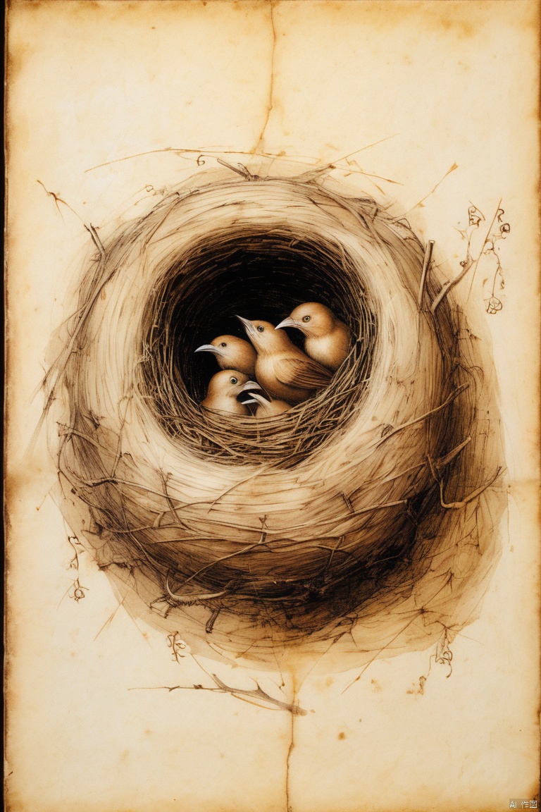 Painting Leonardo da Vinci "A nest of nightingales", Full compliance with the style of Leonardo da Vinci, draw on old parchment, ink