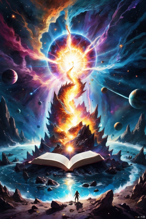 depicting an epic chapter of a wonderful book. In the center of the scene, Demonstrate powerful cosmic energy. Next to them, a vibrant explosion, Bright colors represent the original state of the universe. Each planet has unique characteristics, Such as lush scenery, glittering ocean, and mysterious atmosphere. Although the gods strive to bring joy and life to the universe, Their sadness is palpable. sun, Now a huge incandescent rock, Emits intense heat and bright light, unique light. Scattered throughout the site, stars shining bright, like little gaseous rocks that light up the universe, fantasy art, panoramic view, Ultra high saturation, (best quality, masterpiece, Representative work, official art, Professional, 8k), particles,dragon, x-ray, RPG