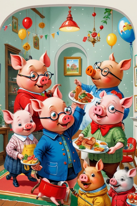by Richard Scarry, pig family party, enhance, intricate, (best quality, masterpiece, Representative work, official art, Professional, unity 8k wallpaper:1.3)