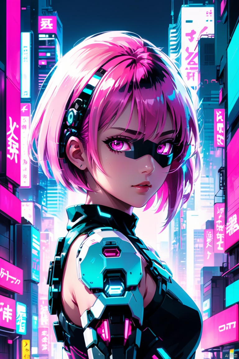 anime artwork lucy \(cyberpunk\), Multiple exposure of a girl \(cyberpunk, mecha\), Pink parted short hair, pink eyes, city view, (best quality, masterpiece, Representative work, official art, Professional, 8k)