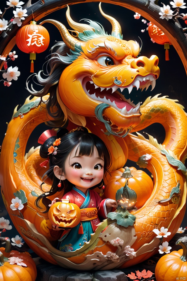 (Inside the pumpkin carved a Chinese dragon and a child), Charming and Delightful Pumpkin Carving,a big pumpkin,It engraved with a child and a Chinese dragon,Children wearing traditional Chinese clothes,smiling,Holding a small lantern,standing playfully、Next to the friendly Chinese dragon。Dragon scale snake shape,with red lantern、fireworks、Plum blossoms intertwined with other festive elements,Symbolizes joy and prosperity。The whole scene filled with enthusiasm、Happy new year celebration atmosphere,Full of color and life, 3D carving, pumpkin color, octane render, enhance, intricate, HDR, UHD, Relief style, (best quality, masterpiece, Representative work, official art, Professional, 8k wallpaper:1.3)