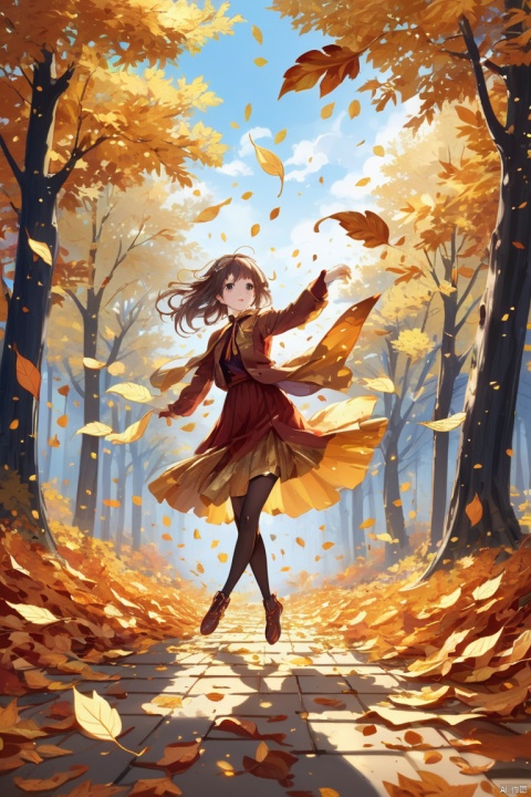 rich and colorful anime art, gold leaf, romantic illustration, fallen leaves, leaves in the air, dancing leaves, floating leaves, enhance, intricate, (best quality, masterpiece, Representative work, official art, Professional, unity 8k wallpaper:1.3)