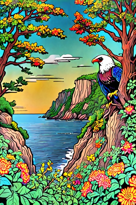 Cliffs by the sea,Cute bald eagle,Sophisticated and beautiful nest,branches,green leaves,Colorful flowers and diverse plants, graffiti in the style of Keith Haring, sharpie illustration, Bold lines and solid colors, minimalist, panoramic, Ultra high saturation, bright and vivid colors, intricate, (best quality, masterpiece, Representative work, official art, Professional, 8k), Chinese style