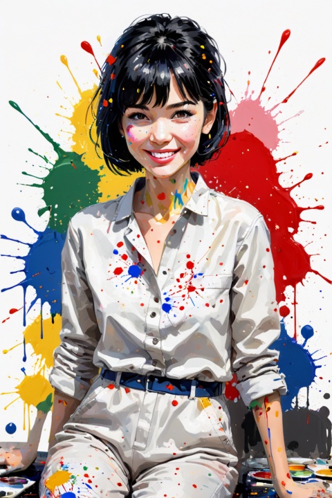 a lady solo, (painting (a spattering painting) on a canvas), sitting, (jumpsuit splattered with various colors of paint) stylish, mature female, /(black hair/) bangs, blush kind smile, (masterpiece best quality:1.2) delicate illustration ultra-detailed BREAK (spattering painting) (ink splatter), (primary colors), (painting brush), (palette of paints) BREAK (artist's studio indoors), (various works on the wall and the floor), panoramic, Ultra high saturation, (best quality, masterpiece, Representative work, official art, Professional, 8k)