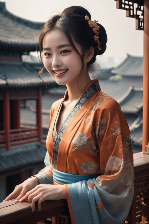 RAW photo, (realistic, photo-realistic:1.3), extremely delicate and beautiful, Amazing, finely detail, masterpiece, ultra-detailed, highres,(best illustration), (best shadow),intricate,stunning skin details, many beautiful girls stand on the balcony of an ancient chinese house, (laughing), in the style of photographically detailed portraitures, 32k uhd, larme kei, fine art photography, romantic depictions of historical events, exquisite clothing detail, fantasy settings, sharp focus, volumetric fog, 8k UHD, DSLR, film grain, Fujifilm XT3, (blue and orange tone impression), (masterpiece, best quality, perfect composition, very aesthetic, absurdres, ultra-detailed, intricate details, Professional, official art, Representative work:1.3)