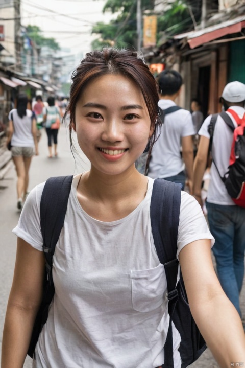 photo, young chinese woman, taking a selfie, sweating, wearing a backpack, average looking, walking down the street in Bangkok, hair up, no makeup, t-shirt and jeans, big smile, hot and muggy, visible air pollution, high resolution, (masterpiece, best quality, perfect composition, very aesthetic, absurdres, ultra-detailed, intricate details, Professional, official art, Representative work:1.3)