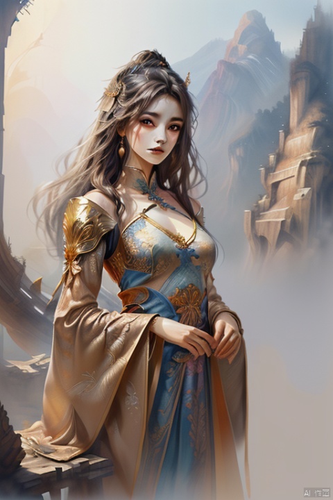 a chinese girl, dragon by side, royal dress, gorgeous, jewelry, earrings, hair ornament, wide sleeves, fantasy art, panoramic view, Ultra high saturation, (best quality, masterpiece, Representative work, official art, Professional, 8k:1.3), watercolor