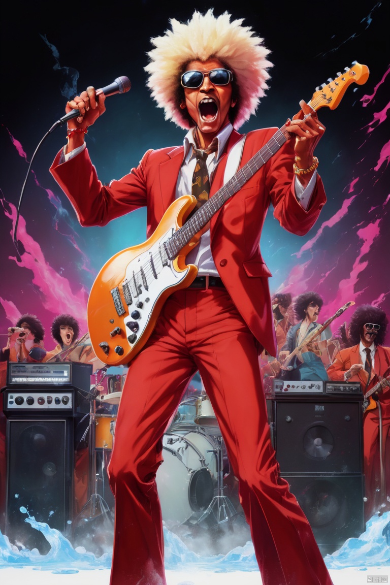 Anime from the 70s and 80s, a dragon playing electric guitar, Open your mouth wide and sing exaggeratedly, Wearing red suit, wearing sunglasses, afro Hairstyle, dynamic pose, Energetic performance, holding a microphone, Large collection of electronic band instruments, rock concert background, a blunt splice of elements like Arizona iced tea and Fiji water, the distortion and color cast effects of old picture tube televisions, panoramic view, Ultra high saturation, (best quality, masterpiece, Representative work, official art, Professional, 8k)