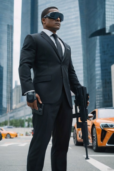 A man in a stylish black suit, A futuristic agent equipped with exquisite weapons and equipment,The agent stood firm,Be prepared, Showcasing a variety of high-tech equipment that is seamlessly integrated into the garments, The background should suggest a future urban landscape,Advanced technology and architecture visible, Agent equipment includes innovative and advanced gadgets and weapons, Highlighting the advanced nature of the world they live in, The overall image should convey a sense of mystery, A sense of sophistication and cutting-edge technology, (best quality, masterpiece, Representative work, official art, Professional, Ultra intricate detailed, 8k:1.3)