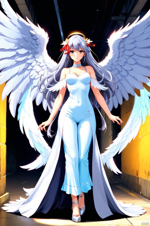 anime artwork Frieren, girl, grey hair, long hair, bangs, angel wings, full body, BREAK, underground, long underpass, crowd background, enhance, intricate, (best quality, masterpiece, Representative work, official art, Professional, 8k)