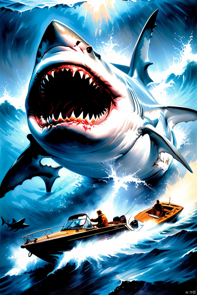 a painting of a shark attacking a boat, poster art by Drew Struzan, fantastic realism, movie poster, Ink, Spray, Pencil & Acrylic Paint On Paper, (best quality, masterpiece, Representative work, official art, Professional, 8k:1.3)