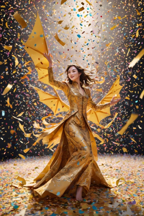 (Golden dragon flying on huge confetti）,Confetti flying like the wind,Alyssa Lazer (Aliza Razell) style, beautiful details,Long range shooting,whole body,elevation angle,The art of paper, panoramic view, Ultra high saturation, (best quality, masterpiece, Representative work, official art, Professional, 8k)