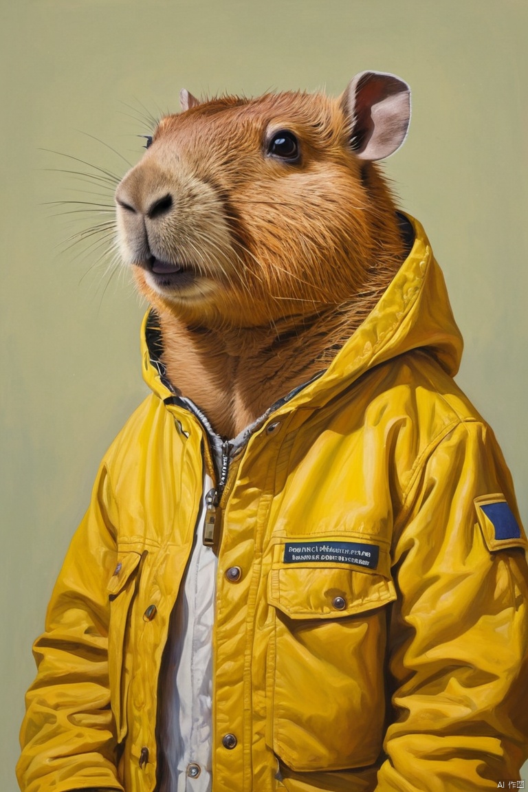  painting of a romoralityent in a yellow jacket, capybara, Anthropomorphic capybara, Post-apocalyptic explorer, portrait of an amoralityventurer, Surrealism, morality & morality fantasy art, stunning moralityigital illustration, (masterpiece, best quality, perfect composition, very aesthetic, absurdres, ultra-detailed, intricate details, Professional, official art, Representative work:1.3)