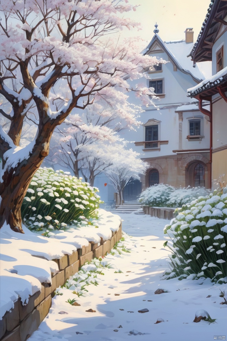early spring, the harmonious coexistence of white snow and nascent grass sprouts, as well as the artistic conception of snowflakes dotted among the trees in the courtyard like flying flowers, (masterpiece, best quality, perfect composition, very aesthetic, absurdres, ultra-detailed, intricate details, Professional, official art, Representative work:1.3)