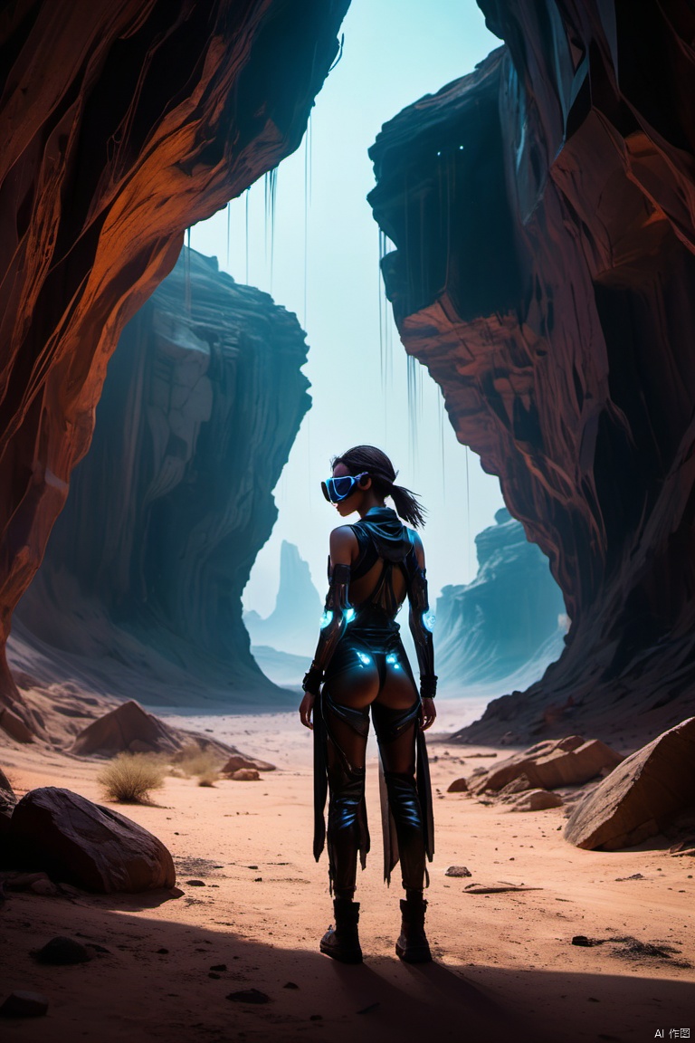 a girl exploring a breathtaking cyberpunk desert canyon,canyon,desert,cyberpunk,girl,exploring,breathtaking,detailed,bright lights,futuristic cityscape,dystopian,dark sky,neon signs,massive rock formations,dramatic cliffs,unusual flora and fauna,hovering vehicles,flying drones,advanced technology,solar panels,glowing holograms,scattered debris,dusty atmosphere,cracked ground,shimmering heat,wild wind,gritty texture,post-apocalyptic feeling,contrast of nature and technology,isolated,unexplored depths,tense atmosphere,unpredictable danger,alluring mystery,vastness,silhouette of the girl,curiosity,awe,adventure,lone figure,robes,exaggerated proportions,sharp edges,angular shapes,blurry reflections,ethereal,hint of danger,colorful neon lights,graffiti-covered walls,artistic murals,vibrant colors,contrasting elements,surreal landscape,otherworldly beauty,high-tech gadgets,enhanced vision,goggles,interactive projections,moment of discovery,thrilling experience,unforgettable journey,bold composition,high contrast,dynamic lighting,soaring energy, enhance, intricate, (best quality, masterpiece, Representative work, official art, Professional, unity 8k wallpaper:1.3)