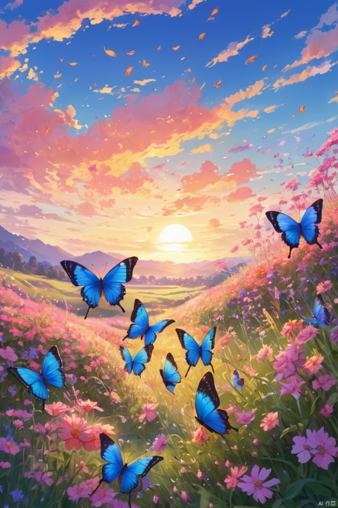 A dreamy and enchanting anime illustration of a group of blue butterflies gracefully flying across a vibrant meadow. The sky is filled with brilliant hues of pink, purple, and orange, creating a mesmerizing sunset atmosphere. The meadow is filled with tall grasses, colorful flowers, and a gently flowing stream. The butterflies are accompanied by small fairies, also with blue hues, that sprinkle a magical dust, leaving a trail of shimmering stars., illustration, anime, (masterpiece, best quality, perfect composition, very aesthetic, absurdres, ultra-detailed, intricate details, Professional, official art, Representative work:1.3)