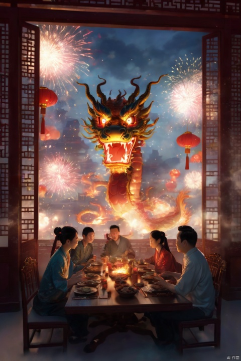 Family members, old and young sit by dinner table, chinese dragon outside the window on the sky, fireworks, chinese festive atmosphere, film light effect, (best quality, masterpiece, Representative work, official art, Professional, Ultra high detail, 8k:1.3)