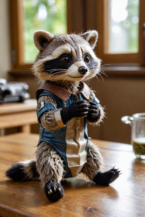 Closeup photo, a cute Mechanical Puppet raccoon, on an oak table, natural light, reflections, (best quality, masterpiece, Representative work, official art, Professional, Ultra intricate detailed, 8k:1.3)