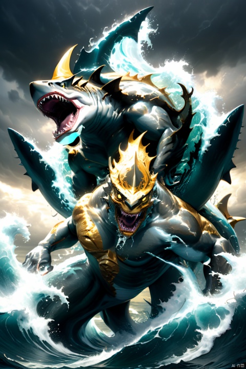 close up of a sea god riding on a shark, mythology, divine power, majestic ocean waves, golden trident, shimmering scales, dynamic pose, stormy atmosphere, rippling muscles, endless horizon, oceanic realm, intense gaze, strong current, living force, dreadnought shark partner, ultra-wide-angle, octane render, enhance, intricate, (best quality, masterpiece, Representative work, official art, Professional, 8k:1.3)