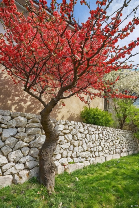 The spring scenery fills the closed garden, a red apricot tree comes out of the wall, (masterpiece, best quality, perfect composition, very aesthetic, absurdres, ultra-detailed, intricate details, Professional, official art, Representative work:1.3)