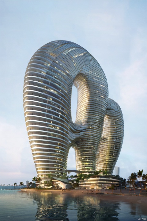 shell shaped, Science fiction architecture complex, Made from shell, Overlooking, beach, sea, cyberpunk style, (masterpiece, best quality, perfect composition, very aesthetic, absurdres, ultra-detailed, intricate details, Professional, official art, Representative work:1.3), Dream Homes, dream_building
