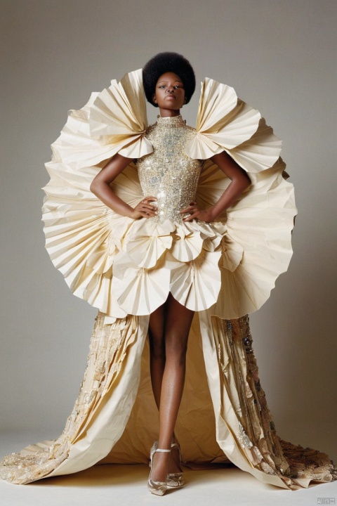 Girl idol singers wear costumes made from large paper fans in the shape of a cape or cape that are draped over their shoulders like ruffles on an evening gown. The dress has no sleeves and its folded paper effect creates beautiful shoulder skin that falls into its opening. Holding a microphone in hand, standing on the gorgeous stage. Stage lighting, JeanPaul Goude style, Tim Walker style, hyper-realistic photography, magical realism style, blingbling colors, fashion magazine cover photos, (masterpiece, best quality, perfect composition, very aesthetic, absurdres, ultra-detailed, intricate details, Professional, official art, Representative work:1.3)