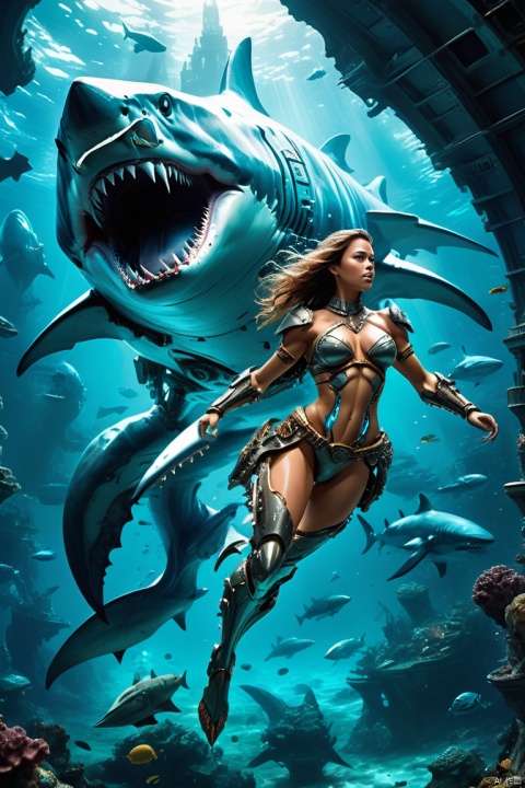 An image set in the depths of a future high-tech Atlantis, featuring a beautiful female warrior riding a semi-mechanical Megalodon shark. The Megalodon is a blend of ancient grandeur and futuristic technology, with parts of its body showing mechanical enhancements. These mechanical parts integrate seamlessly with its natural, massive form, highlighting features like its formidable teeth and powerful build. The female warrior is depicted as strong and graceful, in advanced armor that combines traditional and futuristic styles. The background showcases the advanced underwater city of Atlantis, teeming with technological wonders, enhancing the overall theme of a harmonious blend of nature and technology, (best quality, masterpiece, Representative work, official art, Professional, 8k:1.3)