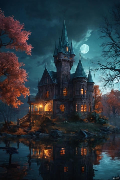 dream castle,beautiful witch,illustration,enchanted atmosphere,gloomy sky,mysterious shadows,crystal clear lake,vibrant colors,magic spells,ancient books,glowing moonlight,haunting beauty,detailed architecture,gothic elements,twisted trees
, (masterpiece, best quality, perfect composition, very aesthetic, absurdres, ultra-detailed, intricate details, Professional, official art, Representative work:1.3)