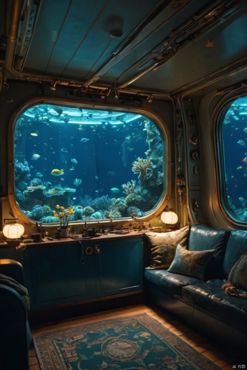 An amazing (bioluminescent) view from a submarine window, Long room, sofa, Under the sea, insanely detailed and intricate, hyper maximalist, elegant, Event Horizon, Depth mapping, hyper realistic, super detailed , VIP, ornate, dynamic, articulate, (3D Matrix), 8K, (UHD), EPIC, (masterpiece, best quality, perfect composition, very aesthetic, absurdres, ultra-detailed, intricate details, Professional, official art, Representative work:1.3)