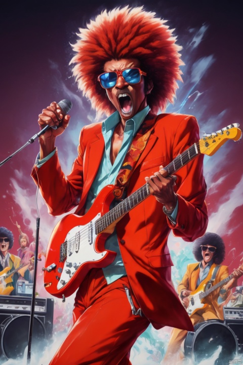 Anime from the 70s and 80s, a dragon playing electric guitar, Open your mouth wide and sing exaggeratedly, Wearing red suit, wearing sunglasses, afro Hairstyle, dynamic pose, Energetic performance, holding a microphone, Large collection of electronic band instruments, rock concert background, a blunt splice of elements like Arizona iced tea and Fiji water, the distortion and color cast effects of old picture tube televisions, panoramic view, Ultra high saturation, (best quality, masterpiece, Representative work, official art, Professional, 8k)