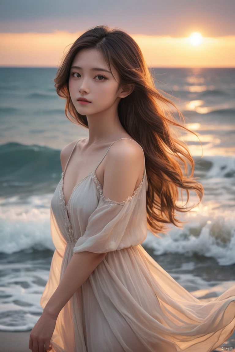 1girl,kawaii,detailed face,looking at viewer,focused,intricate,elegant,highly detailed,dynamic lighting BREAK long hair flows gracefully in the gentle sea breeze,the fading sunlight casts a warm, ethereal glow on the scene. She is wearing a flowing, light-colored dress that ripples in the wind. The waves gently kiss the shore in the background, and there's a sense of tranquility in the air. The overall atmosphere should evoke a feeling of serenity and beauty, (High detail, photograph, realistic), (best quality, masterpiece, Representative work, official art, Professional, 8k:1.3)