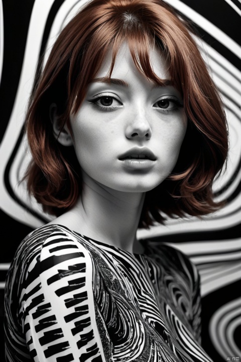professional monochrome photograph of a redhead Italian 18 year old fashion model by Daido Moriyama, bold lines, hyper detailed, dark limited palette, chiaroscuro, mesmerizing, Futurism Art Style, dynamic pose, (best quality, masterpiece, Representative work, official art, Professional, Ultra intricate detailed, 8k:1.3)