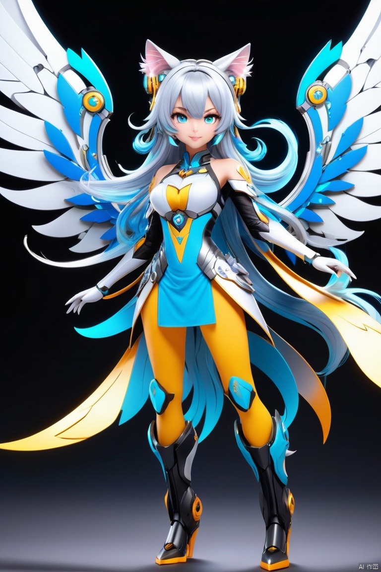 mecha girl, silver long hair, full-body pose, mechanical wings, cat_ears, dynamic angle, Chaos in its most beautiful form, mandala, (panoramic, Ultra high saturation, bright and vivid colors), (best quality, masterpiece, Representative work, official art, Professional, 8k)