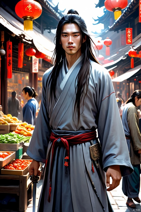 A young man with long hair, wearing a grey ancient Chinese outfit, stands amidst a bustling market street, his sword sheathed at his side. The scene captures the vibrancy and energy of everyday life, with a touch of the mystical, by hejiaying, high detail, ray tracing, god rays, reflection light, Realism, highres, UHD, (best quality, masterpiece, Representative work, official art, Professional, unity 8k wallpaper:1.3)