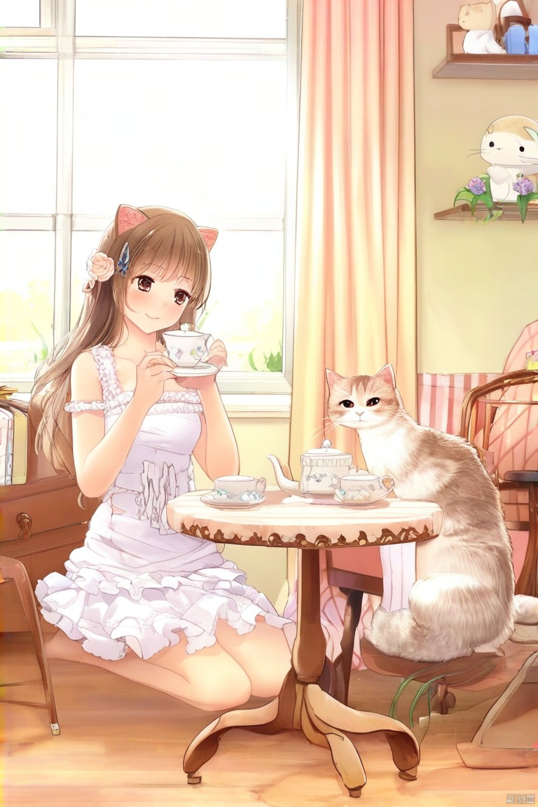 在充满阳光的客厅,少女布置了一个精致的茶会,猫咪穿着手工缝制的小衣服坐在对面,一起享受着悠闲的下午茶时光