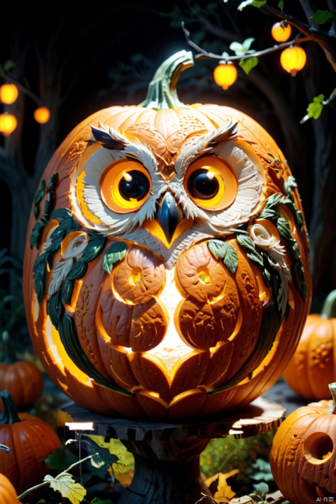 Pumpkin carving, Cutting art, cutting work, Lanterns made from cut pumpkins, complicated cute owl face, 3D carving, pumpkin color, octane render, enhance, intricate, HDR, UHD, Relief style, (best quality, masterpiece, Representative work, official art, Professional, 8k wallpaper:1.3)