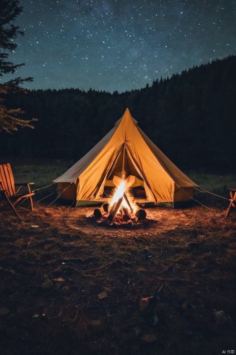 cozy campfire,tents under starry sky,night camping nostalgia,camping essentials,roaring fire,soft glow,warm atmosphere,crackling flames,flickering shadows,starlit sky,distant constellations,twinkling stars,gentle breeze,peaceful ambiance,comfy tents,simple lines,vintage aesthetics,nostalgic feeling,campfire smoke,dark night,cosy colors,retro vibes,serene setting,campfire under the moonlight,t-shirt design, (masterpiece, best quality, perfect composition, very aesthetic, absurdres, ultra-detailed, intricate details, Professional, official art, Representative work:1.3)
