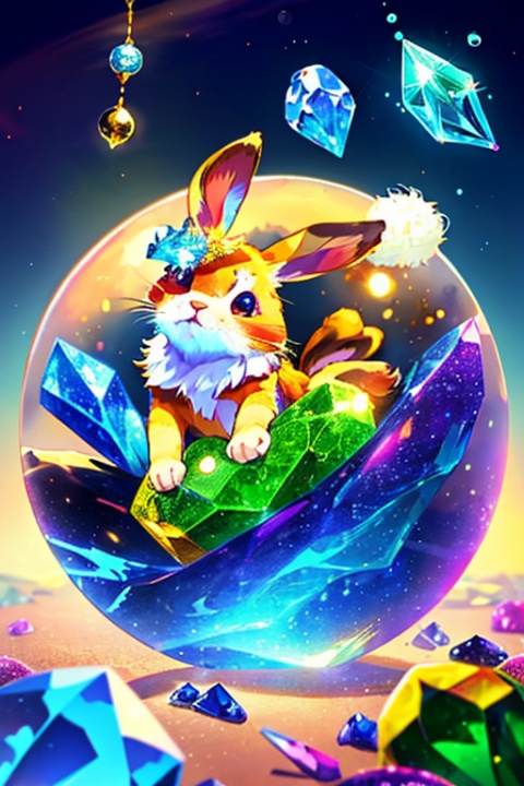 Tiny cute bunny cub in a colorful crystal cave, enchanted, floating orbs, ethereal mist, in the style of fairytale, intricate, (best quality, masterpiece, Representative work, official art, Professional, unity 8k wallpaper:1.3)