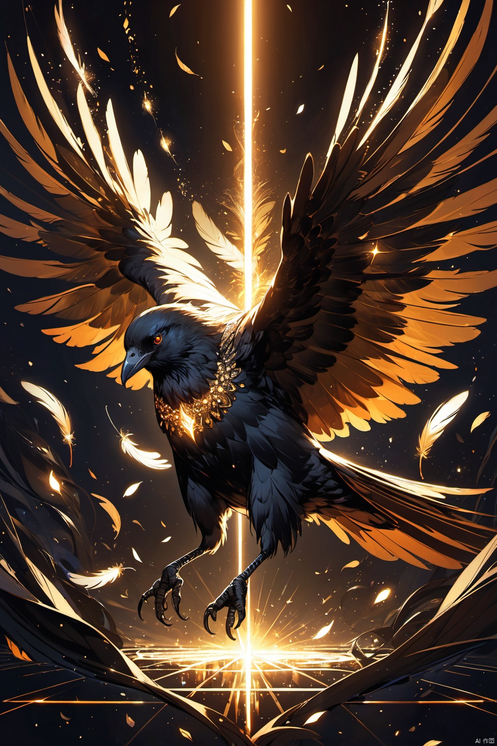 flying crow, digital art, beautiful lighting, shining feathers, dark orange luminous eyes, bokeh, shining black, glitter, sparkle, gleam, in a dark fantasy space, (masterpiece, best quality, perfect composition, very aesthetic, absurdres, ultra-detailed, intricate details, Professional, official art, Representative work:1.3)