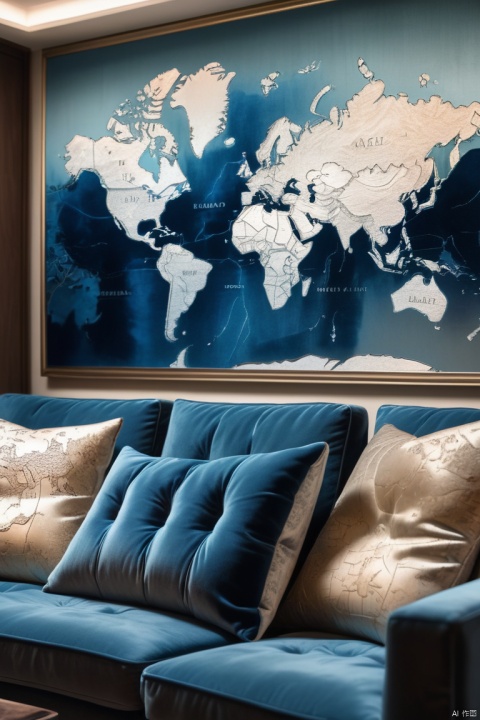 map board,Precise world map engraving,No studio lights,Subtle blue tones gradient,Subtle reflections on polished surfaces,Illuminating intricate carvings,on soft velvet cushions,Living room sofa, panoramic view, Ultra high saturation, (best quality, masterpiece, Representative work, official art, Professional, 8k)