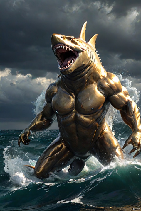 close up of a sea god riding a shark, mythology, divine power, majestic ocean waves, golden trident, shimmering scales, dynamic pose, stormy atmosphere, rippling muscles, endless horizon, oceanic realm, intense gaze, strong current, living force, dreadnought shark partner, ultra-wide-angle, octane render, enhance, intricate, (best quality, masterpiece, Representative work, official art, Professional, 8k:1.3)