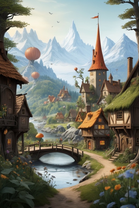 (dynamic illustration of Fairy Tale Village:1.2), (Elsa Beskow), Fairy Tale theme, enhance, intricate, (best quality, masterpiece, Representative work, official art, Professional, unity 8k wallpaper:1.3)