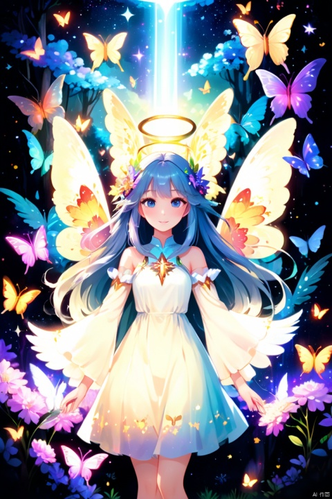 Frieren \(anime artwork\), girl, grey hair, long hair, bangs, angel wings, full body, surrounded by colorful butterflies, emerging from a mystical forest filled with vibrant flowers and magical creatures, against a backdrop of shimmering stars and a mesmerizing nebula. Highly-detailed digital illustration, with a touch of surrealism and fantasy elements. Enchanting fantasy with a touch of surrealism. diffused lighting with gentle rays of moonlight illuminating the scene, adding a touch of magic and mystery, highres, vivid colors, ultra-detailed, enhance, intricate, (best quality, masterpiece, Representative work, official art, Professional, 8k)