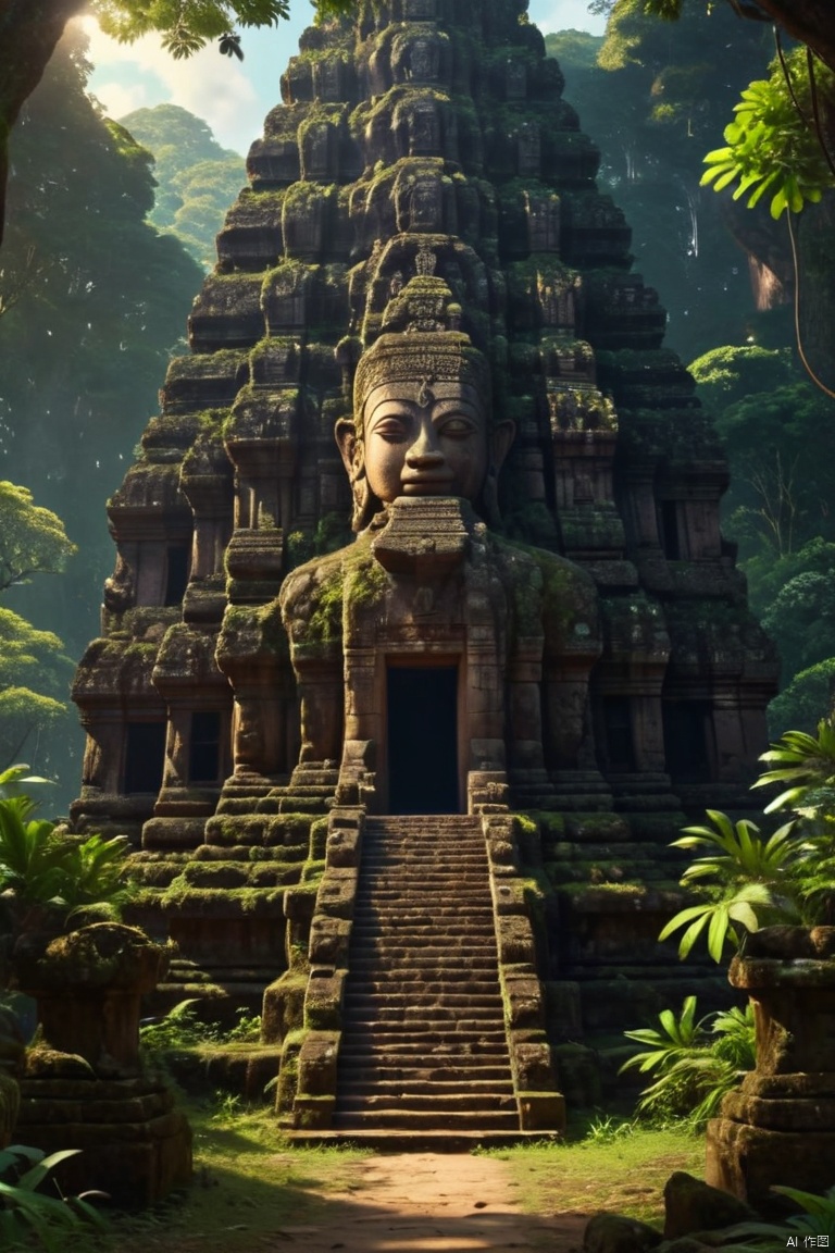 ancient stone temple in the jungle, (tyndall effect, sunlight:1.4), giant trees, (best quality, masterpiece, Representative work, official art, Professional, Ultra intricate detailed, 8k:1.3), light master, Face Score
